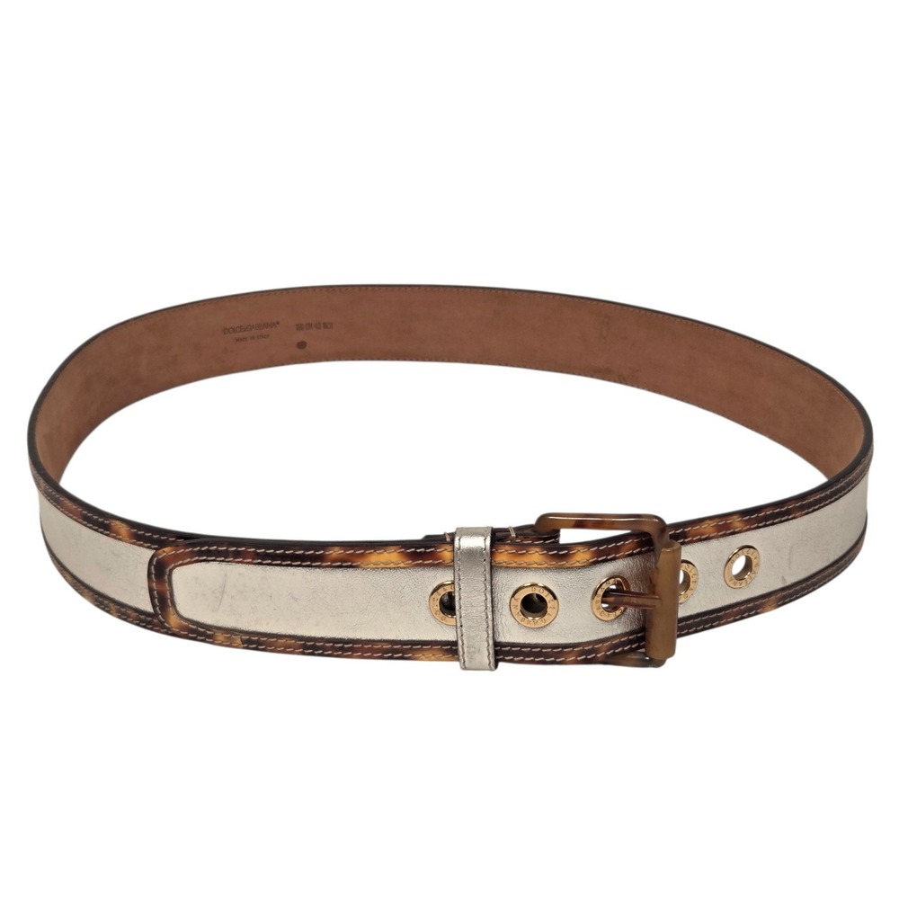 Dolce & Gabbana Belt Womens 40 Silver Tortoiseshell Leather Grommet Italy Luxury